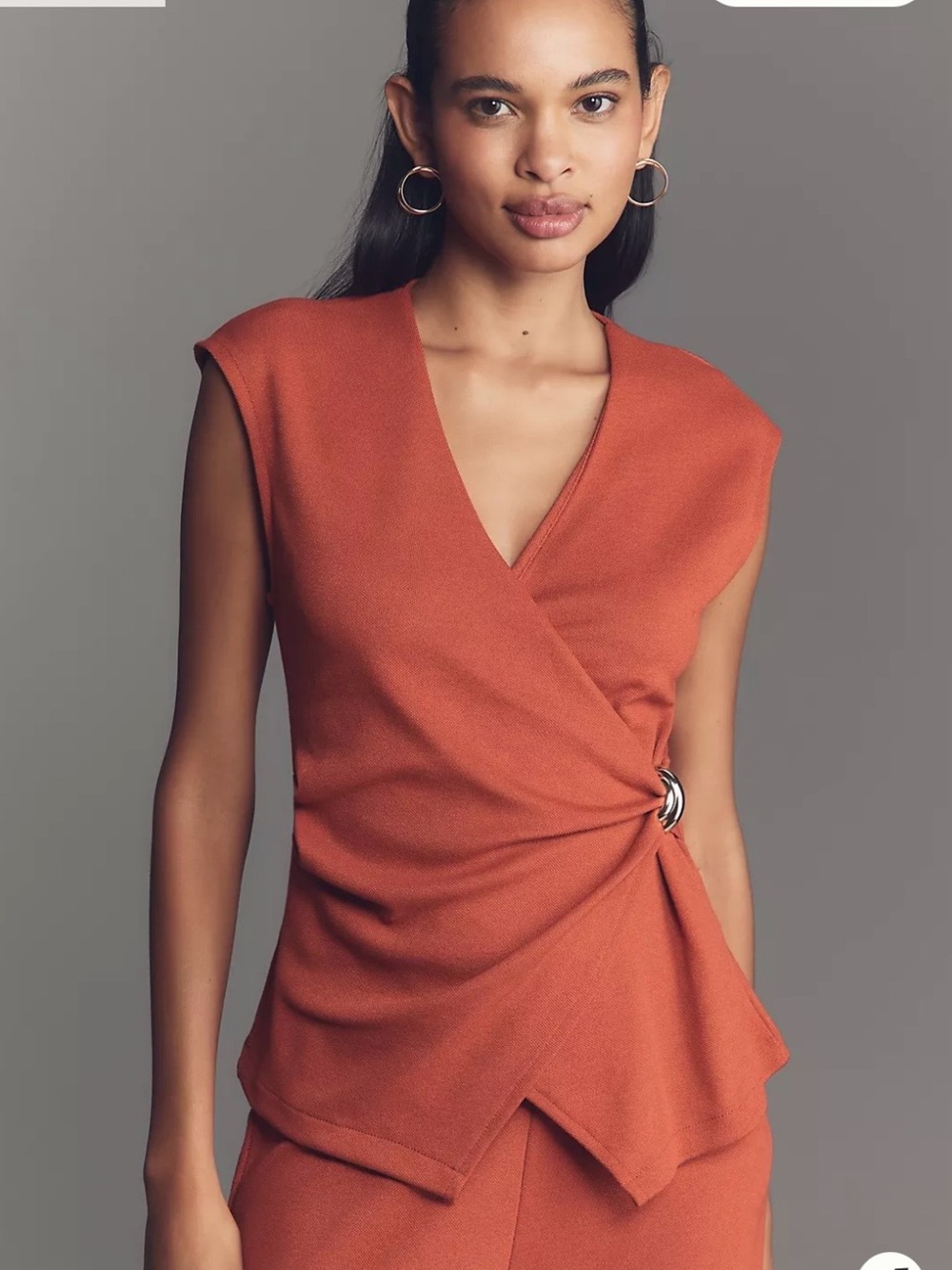 Maeve Sleeveless Wrap Top in Rust Orange with Side Ring